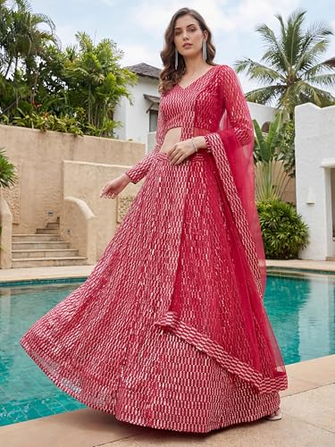 Zeel Clothing Women's Sequins Embroidered Work Soft Net Lehenga Choli with Dupatta (7310-Pink-Wedding-Lehenga-Choli; Free Size) (Pink)