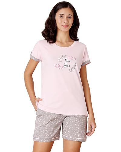 BODYCARE Women's Cotton Printed T-Shirt and Shorts Set | Soft & Breathable Nightwear | Short Sleeves | Loungewear Co-Ord Set | BSSS17034_100 Multicolour