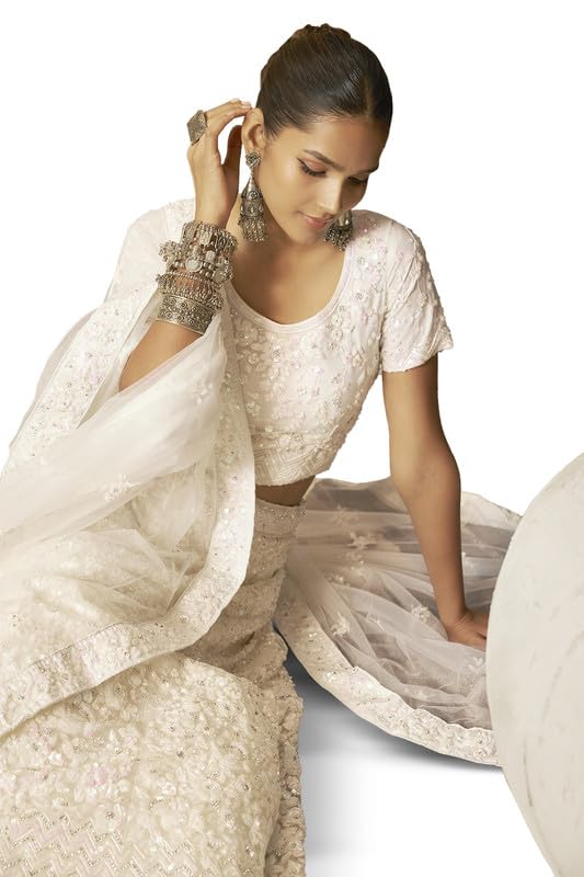 Soch Womens Cream Net Floral Embroidered Sequin Embellished Unstitched Lehenga Set