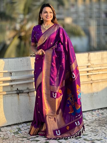 Panzora Women's Purple Paithani Silk Saree With Unstitched Blouse Piece