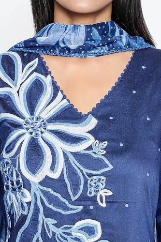 W for Woman Dark Blue Solid Printed A-Line Kurta, Straight Pant and Dupatta Set (Size: M)-WS13002-223894