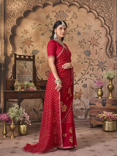 Laxmipati Monaco Embellished Floral Embroidered Chiffon Saree in Red Color