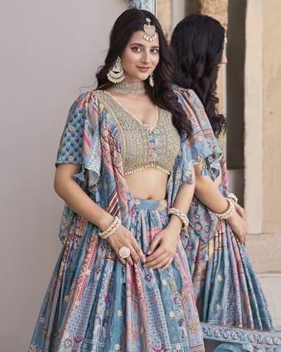 Zeel Clothing Women's Digital Print with Zari Dori Embroidery Work Chinnon Silk Lehenga Choli With Dupatta (7050-Women-Lehenga-Choli-New; Free size) (SkyBlue)