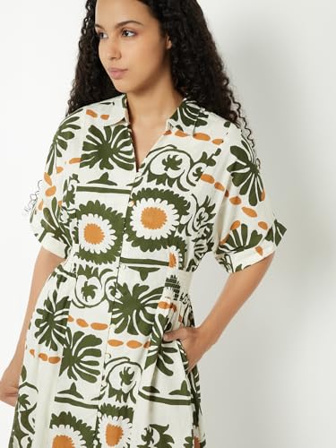 Max Women Printed A-line Dress (White_M)