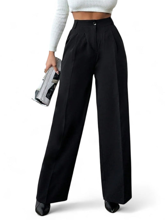 OOMPH! Women's High-Waisted Pant | Wide Leg Trousers | Korean Style Stretchable Trouser Jet Black