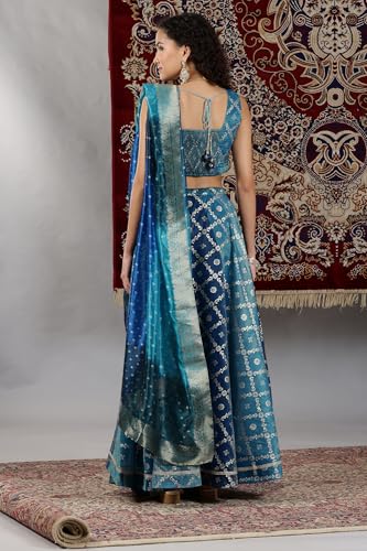 Aurelia Women's Blue Printed Zari Embroidered Crop Top, Brocade Flared Skirt and Dupatta Set