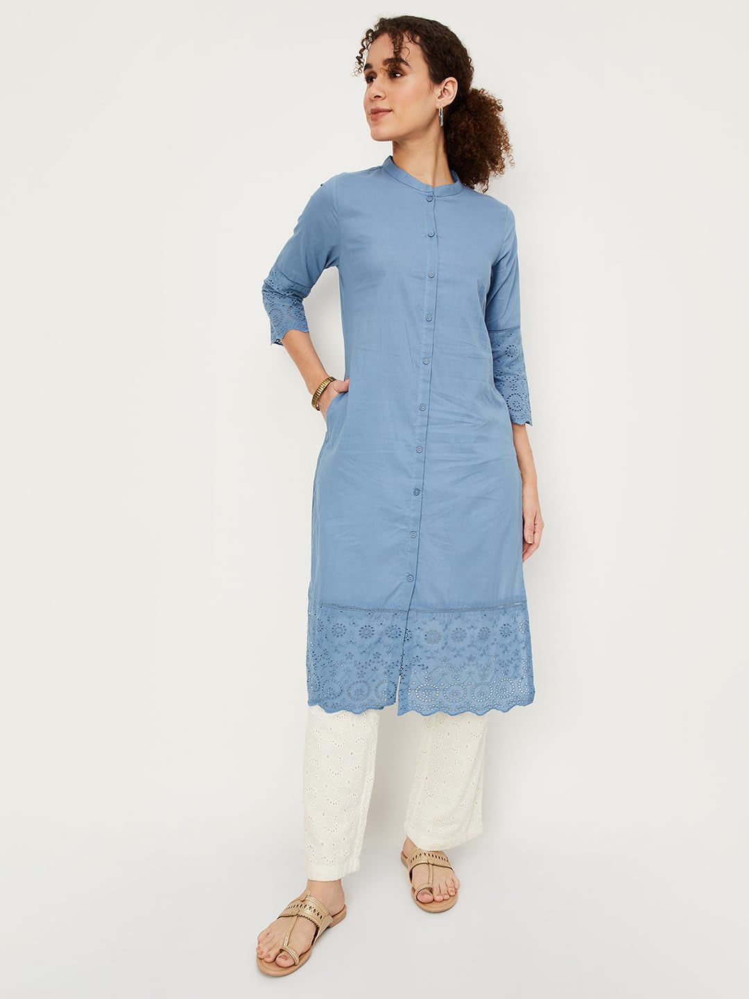 Max Women Cotton Blend Straight Fit Straight Kurta (Wwdr31006Blue_Blue, Small)