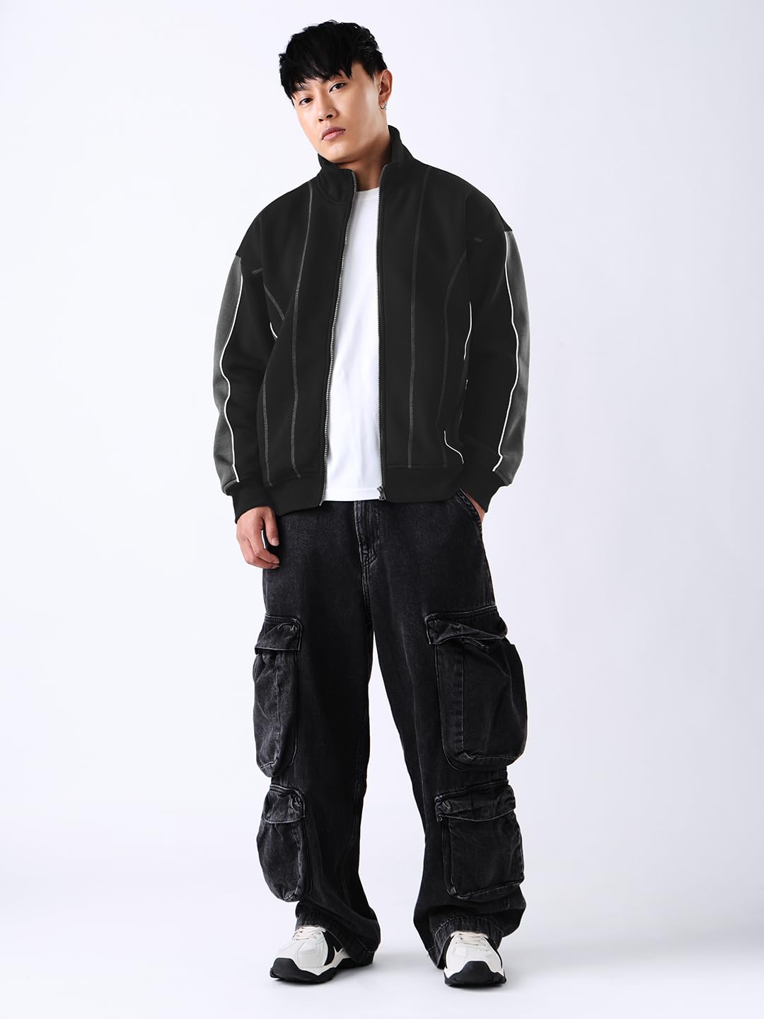 The Souled Store Varsity Jacket: Gunmetal Men and Boys Full Sleeves Mandarin Collar Solid Cotton Blend Oversized Fit Contrast Piping Casual Varsity Jacket