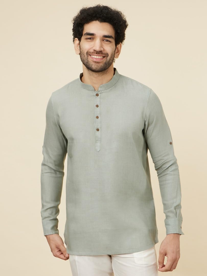Manyavar Mens Pista Green Linen Short Kurta