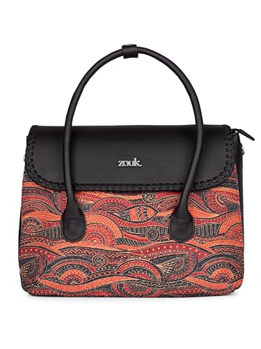 ZOUK Pithora Artistry Abstract Printed Jute Handcrafted Vegan Leather Multicolor Women's Satchel Bag | Ladies Purse Handbag | Double Handle Detachable Strap