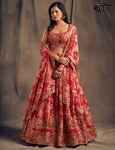 Zeel Clothing Women's Organza Floral White Semi-Stitched Lehenga Choli (7617-Red-Women-Floral-Lehenga-Latest, Corel Red)