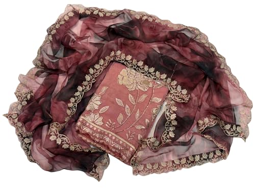 JDAK Women's Fendi Silk Embroidered Unstitched Suit Set with Designer Organza Dupatta | Festive Dress Material (Dusty Rose Pink)