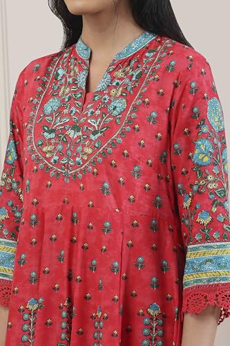 Biba Women Red Cotton Kalidar Suit Set_32