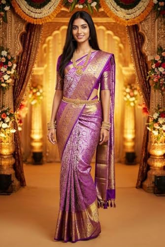 VFCollections Women's Traditional Handloom Kanchipuram Silk Pure Bridal Pattu Sarees | Rich Zari Woven Design | Unstitched Blouse (VFC516-1)