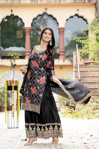 Leeli Peeri Designer Women's chinon Embroidery Kurta Palazzo and Dupatta Set