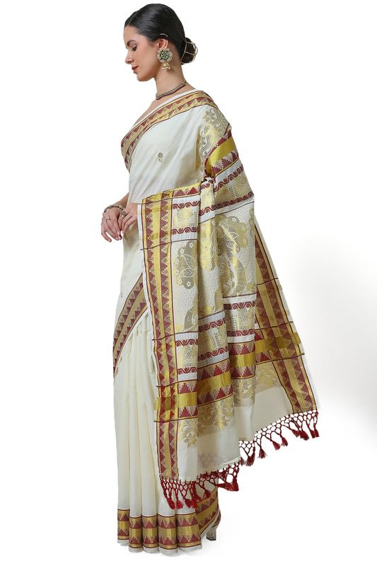 Soch Womens Cream Cotton Blend Woven Design Kasavu Saree With Tassels