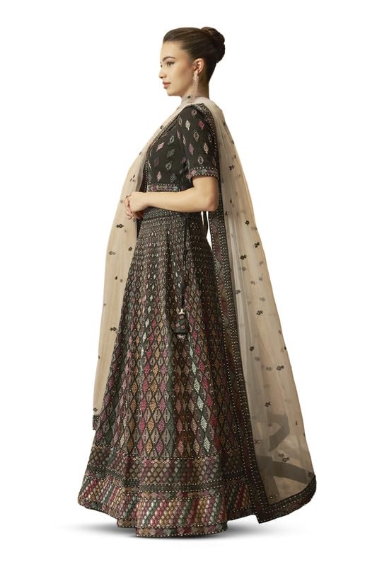 Soch Womens Black Georgette Embroidered Unstitched Lehenga Set with Stone Embellishments