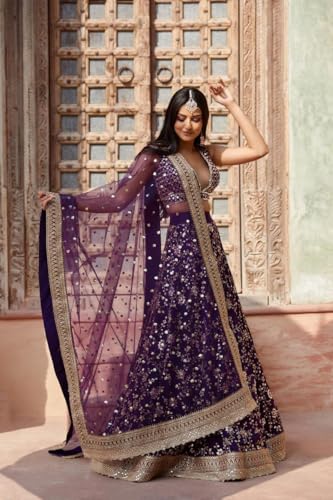 JIHU CULTURE Women's Purple Sequins Embroidered Georgette Semi-Stitched Lehenga Choli