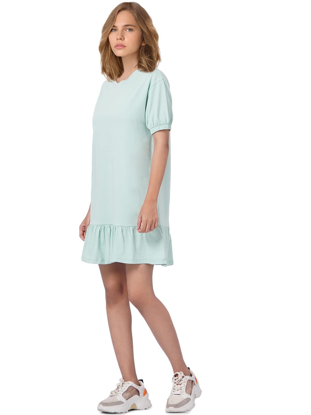 Only Women's Cotton Blend T-Shirt Mini Dress (15282851-Grayed Jade_Grayed M)