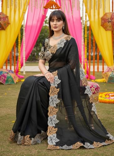 Glory Sarees Women’s Satin Chiffon Embroidery Work Saree With Blouse Piece (JR644_Black)