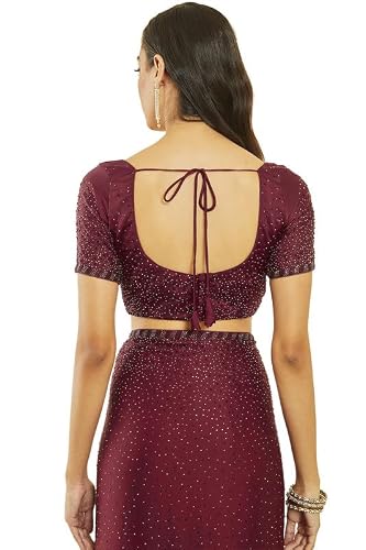 Soch Womens Maroon Crepe All-Over Stone Embellished Saree