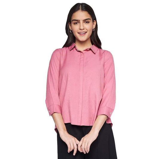 AND Solid Polyester Collar Neck Women's Top (Pink, Size 14)