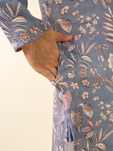 DIWAS BY MANYAVAR Men's Cotton Blend Floral Prints Casual Kurta Set (Light Grey,M)