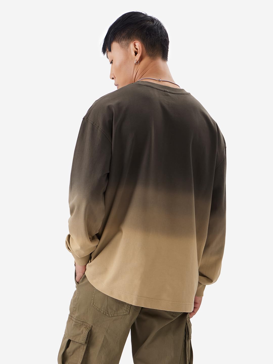 The Souled Store Irish Men and Boys Round Neck Brown Ombre Pattern Cotton Oversized Full Sleeve T-Shirts