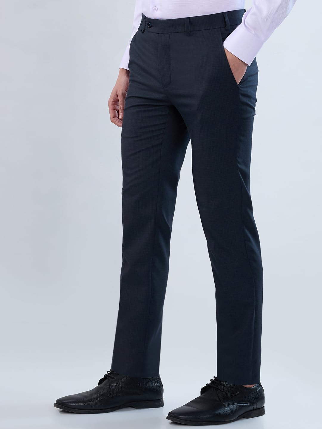 Raymond Men Slim Fit Checks Pattern Polyester Blend Flat Front Formal Trouser Dark Blue