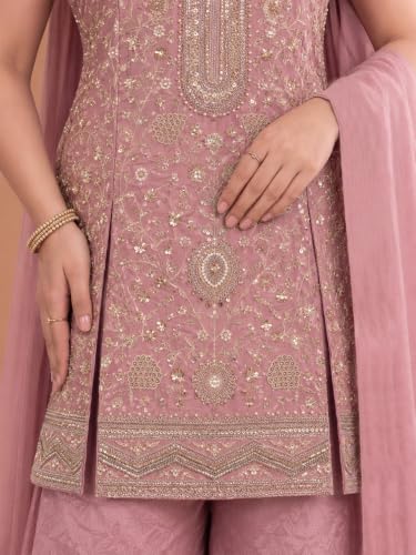 Varanga Women Pink A Line Kurta Palazzos Set V Neck Sleeveless Chinon