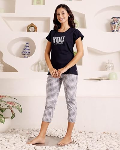 BODYCARE Women's Cotton Printed T-Shirt and Capri Set | Soft & Breathable Nightwear | Short Sleeves | Loungewear Co-Ord Set| BSCS16038_100 Multicolour