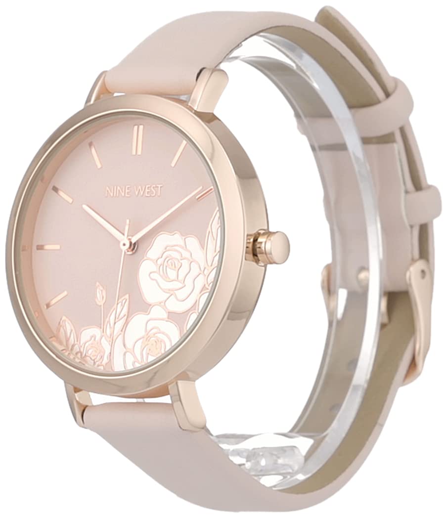 Nine West Women's Floral Dial Strap Watch, Pink/Rose Gold, Japanese