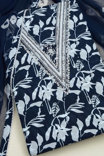 Soch Womens Navy Blue Cotton Floral Print Unstitch Dress Material With Beads