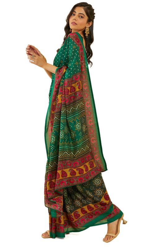 Soch Womens Green Bandhani Print Art Silk Saree