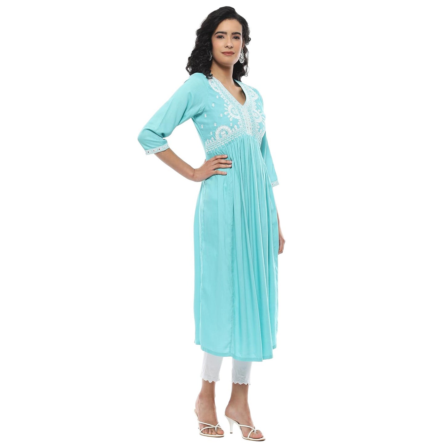 Rangriti Women Viscose Embroidred Tiered Dress Ankle Length Casual SUMMERHUES19077SS24CYNBLU_Blue