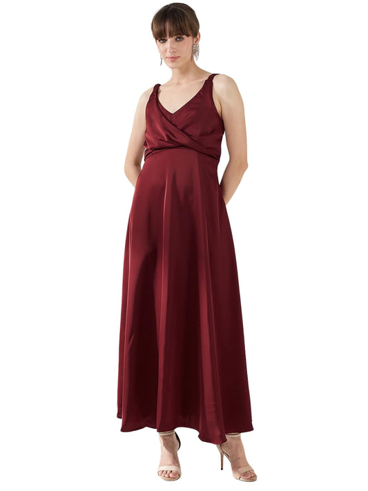 Latin Quarters Women's Maroon Sleeveless V-Neck Solid Party Maxi Dress_XXL