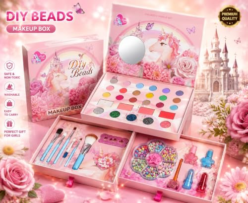 ZYCRONIX Kids Makeup Kit for Girls with DIY Beads, Multi-Layer Unicorn Makeup Box with Eyeshadow, Blush, Glitter, Lipstick, Lip Balm, Nail Polish, Brushes & Jewellery Making Set, Birthday Gift