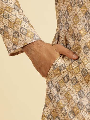 Manyavar Men's Viscose Blend Print Long Kurta (Fawn,XL)