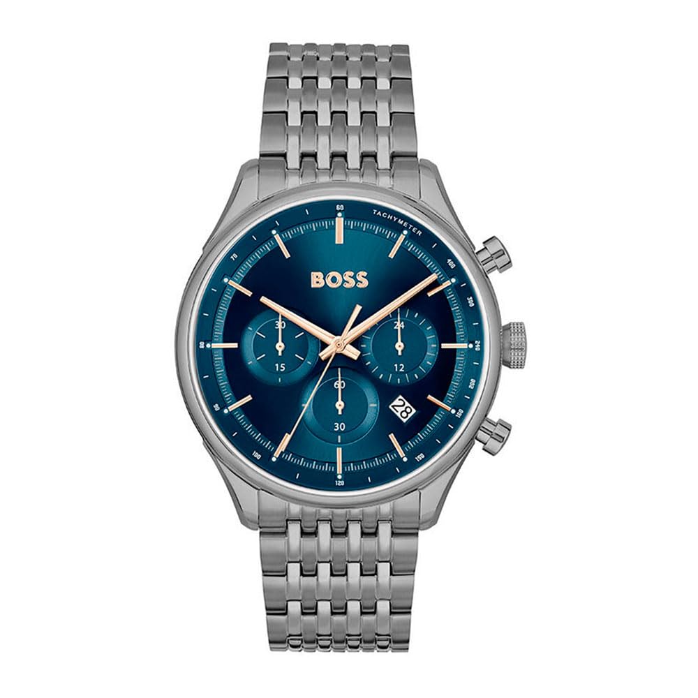 BOSS Gregor Qtz Fashion Chrono Blue Round Dial Men's Watch|Ionic Plated Grey Steel Material|Grey Color Band - 1514083