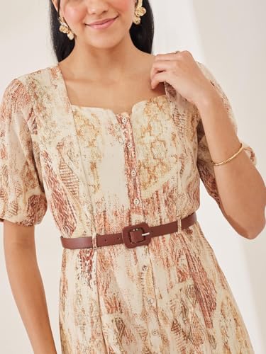 Latin Quarters Women's Beige Printed Half Sleeves Square Neck Casual A-Line Dress_XL