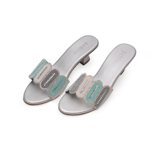 Indifeet - sandals for women, women�s latest stylish heels, ladies fancy traditional function sandal, woman trendy wedding footwear with medium heel, silver