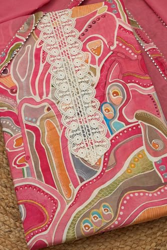 Soch Womens Pink Cotton Abstract Print Unstitch Dress Material With Lace