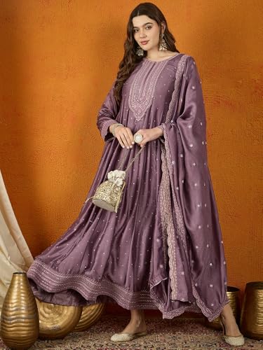 Shampysky Women's Purple Chinon Stitched Top With Chinon Dupatta Full Sleeve Embroidered Anarkali Gown (SSY-1193-Purple-XL)