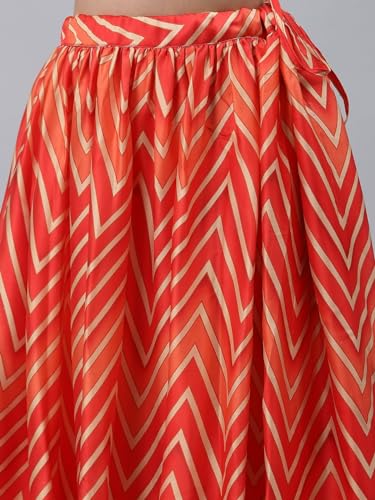 studio rasa Satin Chevron Print Bias Skirt for Wedding Festive Party (SKTC421RC19M_Red_Medium)