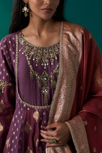 Wishful Women's Purple Zari Embroidered Chanderi Jacquard Anarkali Kurta with Churidar and Dupatta Set (SP12833-314433-XL)