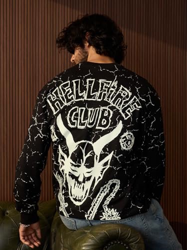 The Souled Store Stranger Things: Hellfire Glow Men and Boys Long Sleeves Round Neck Black Graphic Printed Casual Lightweight Drop Shoulder Streetwear Trendy Oversized Full Sleeve T-Shirt