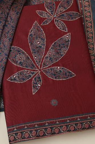 Soch Womens Maroon Art Silk Ethnic Motifs Unstitched Dress Material With Mirror Work