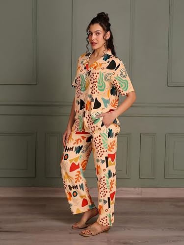 TITTLI Women Digital Printed Nightsuit | Shirt and Pyjama Co-Ord Set | Short Sleeve Sleepwear | Comfortable Nightwear with Pockets | Comfort in Travel | L | XL | XXL Cream