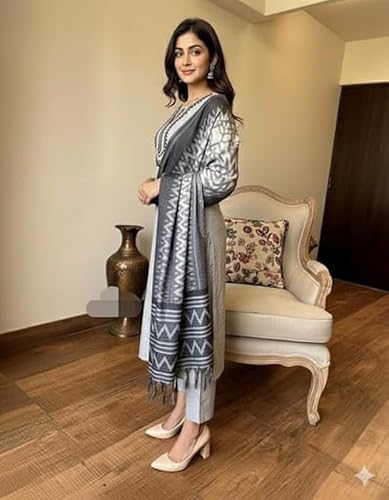 Kurthnic Women's South Cotton Embroidered Kurta with Pant & Dupatta BLACK_XL
