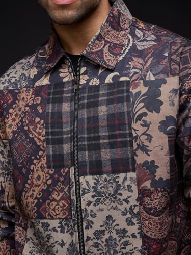 The Souled Store Patch Play Men and Boys Full Sleeves Spread Collar Dark Blue and Beige Patchwork Cotton Oversized Fit Winter-Ready Lightweight Shackets